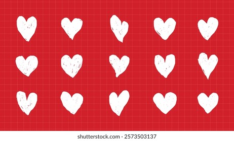 Pattern of white hearts on a red grid background. Hearts are arranged in rows. White hearts on red create a striking contrast. Grid adds a structured feel. Cute hand drawn Valentine's Day vector set.