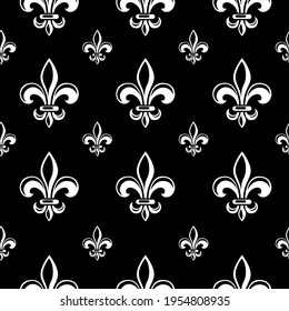 Pattern of white heraldic lilies on a black background