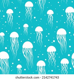 Pattern with white jellyfish on a blue background.