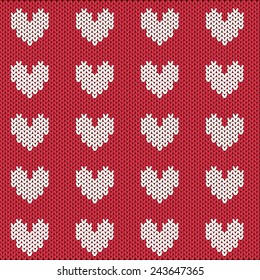 Pattern with white knitted hearts on a red background