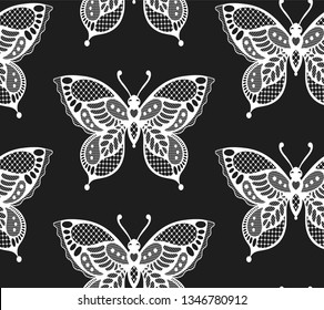 Pattern with white lace butterflies. Suitable for curtains, wallpaper, fabrics, wrapping paper.