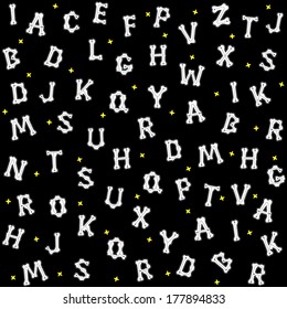 Pattern, white letters on a black background with yellow crosses between the letters. In white letters inscribed black thin dotted lines with dots more letters.