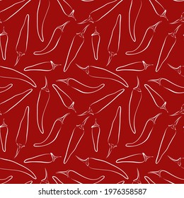 Pattern white line chili drawn in paper art style on red background. Vector design. Seamless Cartoon Color illustration.