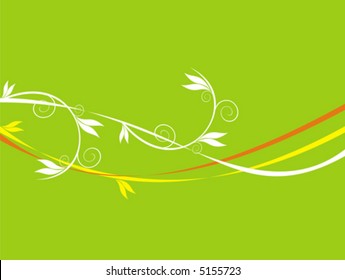 Pattern from white lines and branches on a green background with orange and yellow waves