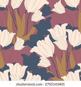 Pattern of white and navy blue tulips on a colorful background. Floral pattern for wallpaper or fabric.