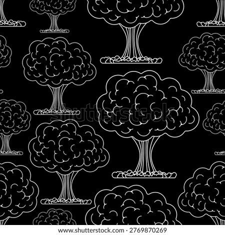 pattern with white nuclear mushroom clouds on black background. Concept of war, destruction and military catastrophe