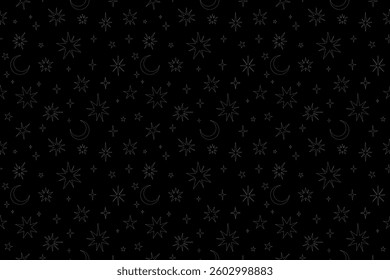 Pattern of white outlines of stars and moons on a black background