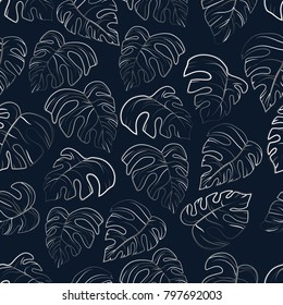 pattern of white palm leaves on dark background, vector illustration