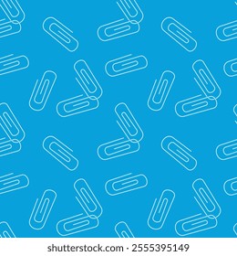 Pattern of white paper clips on a blue background, creating a repetitive and visually appealing design, ideal for stationery, office, or school-themed illustrations.