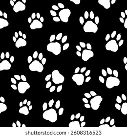 Pattern with white paw prints of a dog, cat on a black background in grunge style. Drawn with brush strokes, splashes, blots.