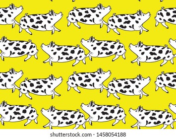 Pattern white pigs with black spots on a yellow background
