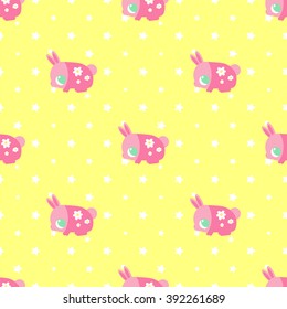 Pattern with white pink bunny in children's style. Bunnies on a yellow background with the stars.