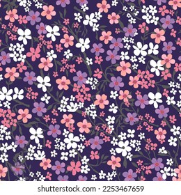 Pattern of white, pink, dark purple flowers on a purple background. Cute floral aesthetic composition for wallpaper, print, poster, postcard, phone cases, banner, fabric, textiles.