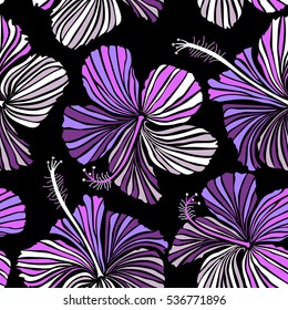 Pattern in white, purple and violet colors with tropic summertime motif may be used as texture or for textile design. Vector seamless pattern of tropical hibiscus flowers, dense jungle. Hand painted.