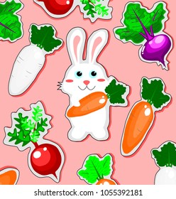 pattern with white rabbit holding the big carrot and radish,bunny with pink background,animal vector.