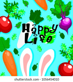 pattern with white rabbit and vegetables, beetroot , radish,carrot,big ears bunny with blue background,Happy life concept,food and animal vector.

