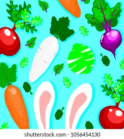 pattern with white rabbit and vegetables, beetroot , radish,carrot,big ears bunny with blue background,Happy life concept,food and animal vector.

