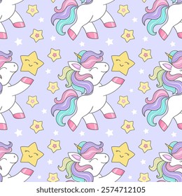 Pattern with white rainbow unicorns and stars on a blue background. For children's fabric design, wallpaper, backgrounds, prints, posters, etc. Vector