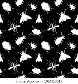 Pattern. White silhouettes of bloodsucking insects on a black background