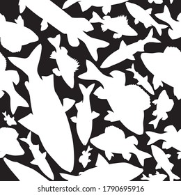 Pattern of white silhouettes of fish on a black background.