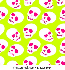 pattern of a white skull on a light green background. Bright pattern of the skull. Colorful design for Halloween, Day of the dead. Vector illustration