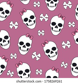 Pattern with white skulls with a pink bows and bones, vector illustration. Endless print. Wrapping paper