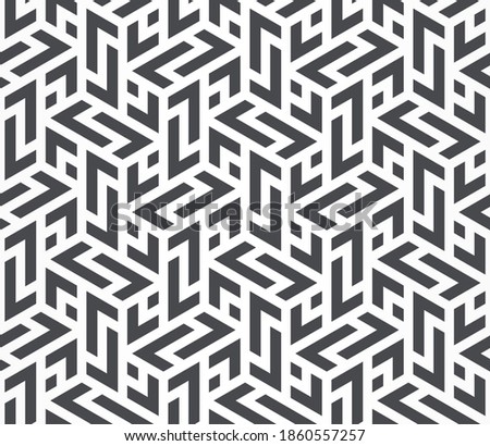Pattern with white stripes on grey background. Abstract monochrome geometric texture. Stylish vector design with sharp polygons and stripes. Seamless ornament for textile, fabric and wrapping.