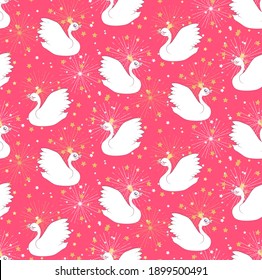 A pattern with a white swan in a crown of stars on a pink background