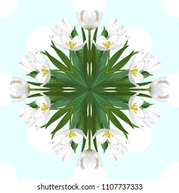 Pattern of white tulips on seamless background in blue polka dots
