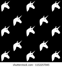 Pattern of white unicorns on the black background. Fantasy design. Vector