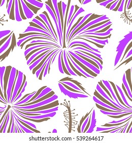 Pattern in white and violet colors with tropic summertime motif may be used as texture, wrapping paper, textile design. Vector seamless pattern of tropical hibiscus flowers, dense jungle. Hand painted