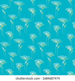 motivos de las flores silvestres de contorno blanco y amarillo sobre un fondo azul, ilustración vectorial de contorno de línea, para el diseño de papel pintado, papel, textil
