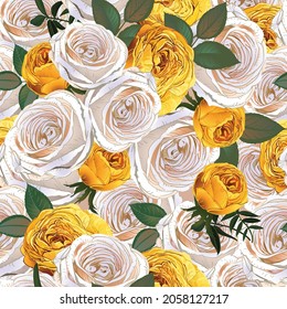 Pattern of white and yellow roses, plant background, suitable for textiles and wrapping paper, vector image, flowers