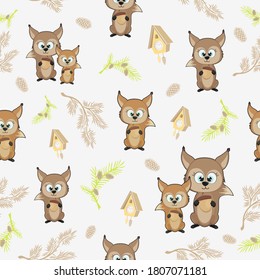 Pattern with whites on a white background. Seamless background with forest squirrel and cones