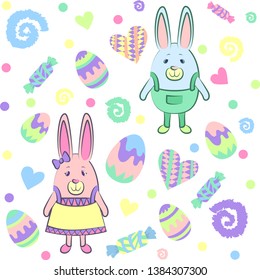 Pattern whith easter bunnies, dots, eggs, hearts and candies