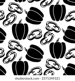 Pattern the whole bell pepper and cut into slices. Paprika. Culinary seasonings and spices, texture. Seamless with fine seeds. black silhouette on white background. Seasonings, spices, food additives