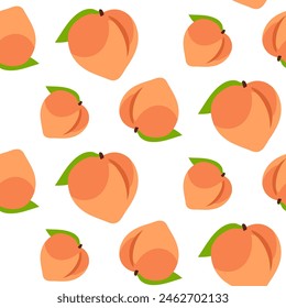 A pattern of whole colored peaches. Delicate colors, detailed texture, realistic shading of fruits with leaves. Vector illustration in a pair. Colored delicate fruits seamless pattern