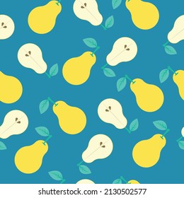 pattern of whole and cut pear with green leaf. fruity seamless pattern on a blue background. vector illustration, eps 10.