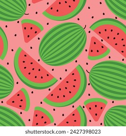 Pattern of Whole and Cut Watermelons in Red Background with Seeds. Seamless Link.