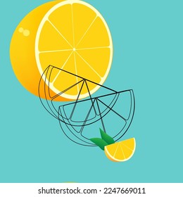 Pattern of whole, half and orange slices. Blue background. Vector illustration.
