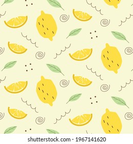 A pattern with whole lemons, slices, leaves, and abstract elements.
