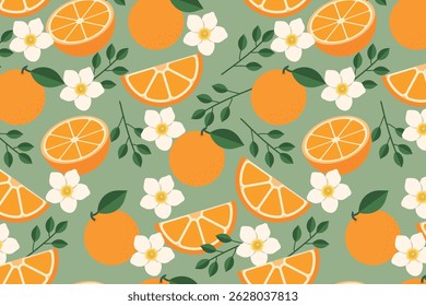 Pattern with whole oranges, slices, white flowers, and green leaves on light green background
