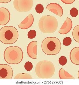 pattern of whole peaches, delicately pink in cross section, peach pits, peach slices, peach halves on a light background