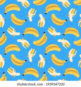 A pattern with whole and peeled bananas on a bright blue background with stars.