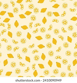 Pattern of whole and pieces of lemons. Citrus fruit on a yellow background. Cut circle of citron. Randomly scattered. Vitamin C. Seamless summer print. Color image. Doodle style. Vector illustration.