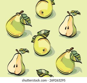 pattern from whole and sliced fresh juicy pear on background