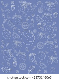 pattern of whole and sliced ​​lemons with white lines and blue background in vector
