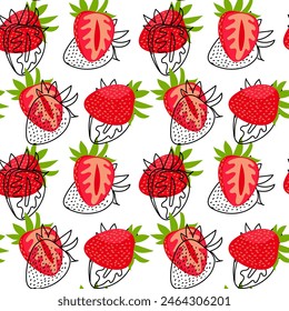 Pattern of whole strawberries and their cuts with a contour is shifted. The bright red color of fresh berries with green leaves. Texture for freshness, color and natural beauty for any design project