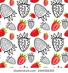 Pattern of whole strawberries and their sections and a contour separately. Bright red color of fresh berries with green leaves. Texture for freshness, color and natural beauty for any design project