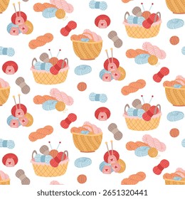 Pattern from a wicker basket, a bag with various balls of yarn for knitting. cozy atmosphere. handmade. seamless flat color texture. postcards, packaging, social media posts, theme of care, coziness